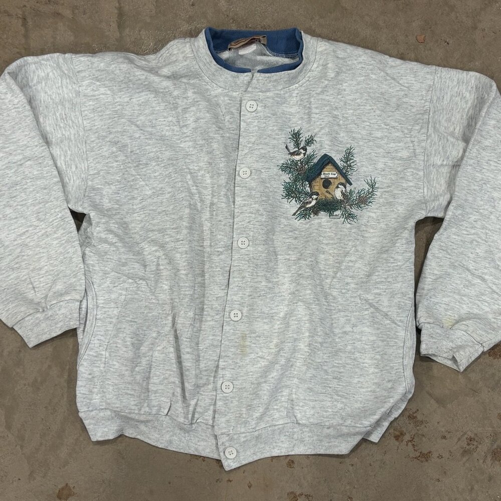 Vintage Woolrich Birdhouse Chickadee Sweatshirt Cardigan M Gray Made in USA 150